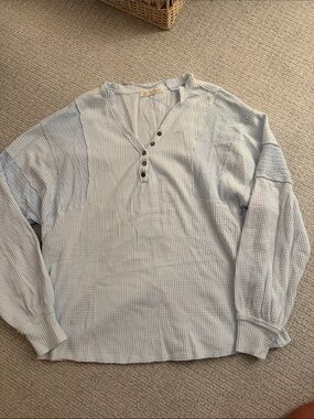 Free People Pale Blue Waffle Henley Long Sleeve Top